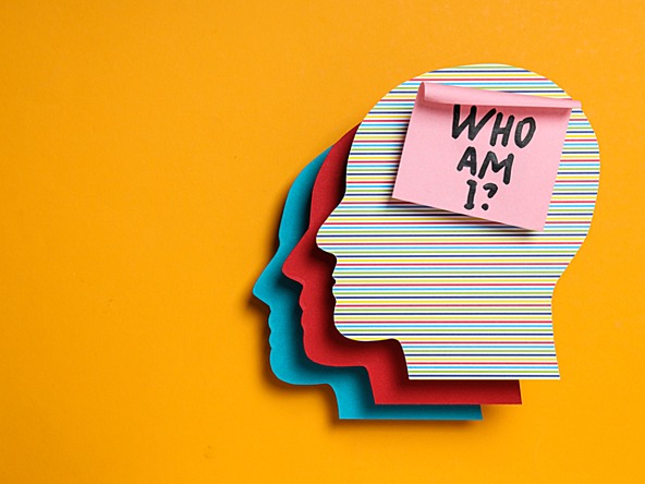 three overlaying graphics of a head silhouette topped with post-it note that says 'who am I?'